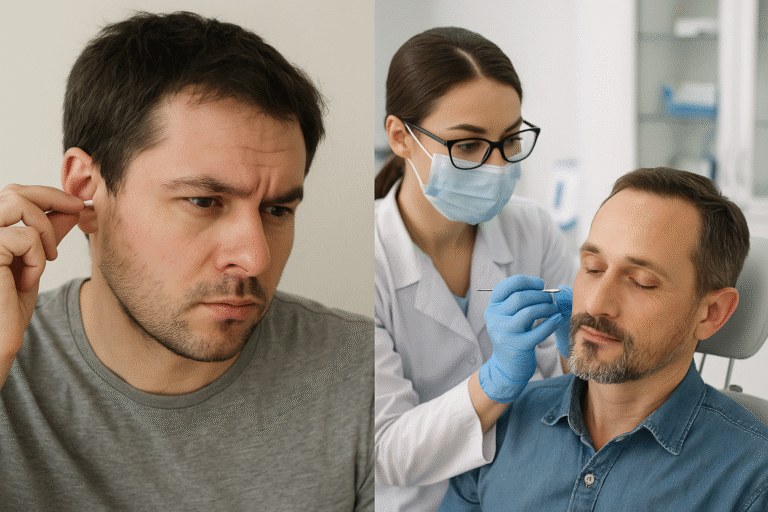 2 kinds of removing earwax, left is removing earwax at home, on the right removing by a specialists