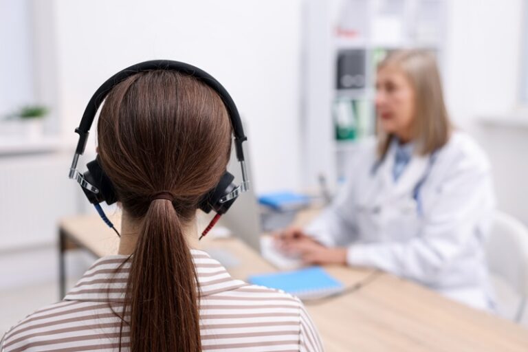 Hearing test. Doctor working with patient in audiometric headphones indoors, selective focus. Space for text