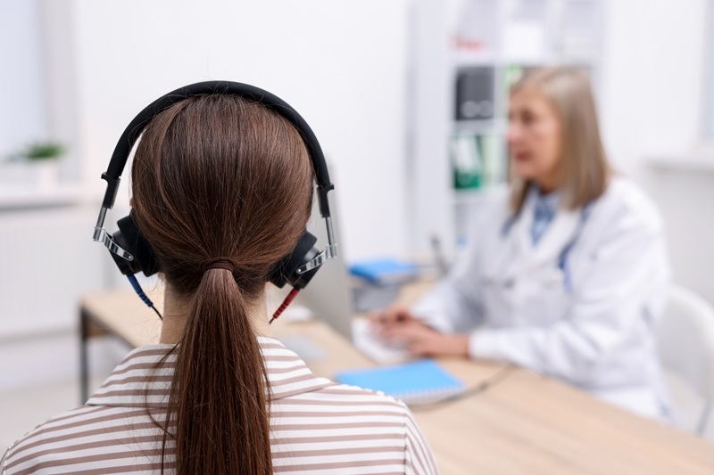 Hearing test. Doctor working with patient in audiometric headphones indoors, selective focus. Space for text